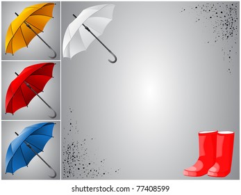 Frame consisting of a collection of umbrellas, red boots and spray mud