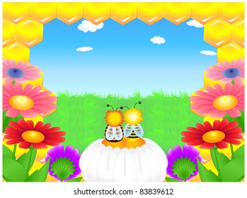 The frame consists of flowers, honeycomb with bees and sitting