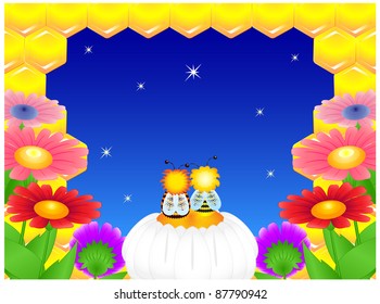 The frame consists of flowers, honeycomb with bees and starry sky