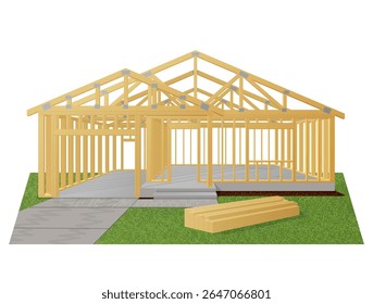 Frame construction of single-story residential house. Wood framing of home on concrete foundation. Vector illustration about construction, architecture, building, real estate, development, renovation