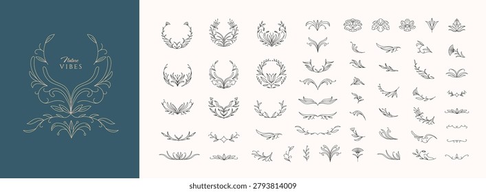 Frame constructor of boho floral round design elements. Delicate botanical branch in arcs form with flowers and leaves, intricate hand drawn details. Botanical vector