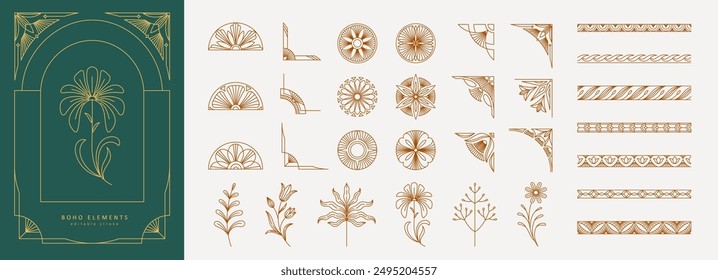 Frame constructor of boho geometric design elements. Simple corner, wreath and seamless borders for book covers print, social media and packaging or wedding greeting card. Vector illustration