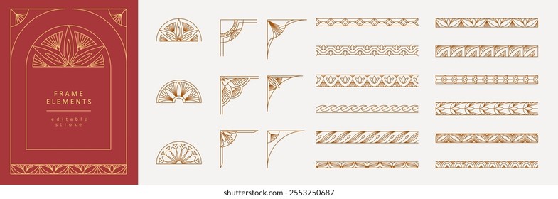 Frame constructor of boho geometric design elements. Simple corner, wreath and seamless borders for book covers print, social media and packaging or wedding greeting card. Vector illustration