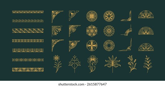 Frame constructor of boho geometric design elements. Simple corner, wreath and seamless borders for book covers print, social media and packaging or wedding greeting card. Vector illustration