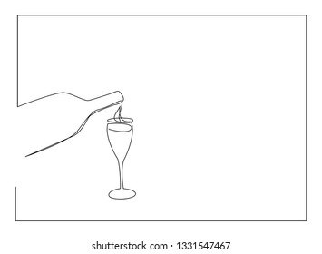 frame Continuous line, drawing of  wine and wine glass, celebration party, happiness