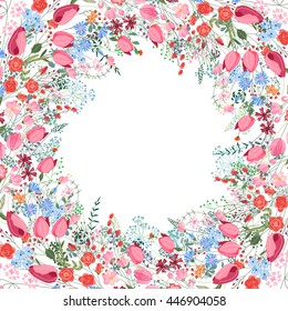 Frame with contour flowers. Template for your design, romantic greeting cards, festive announcements, posters.