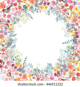 Frame with contour flowers. Template for your design, romantic greeting cards, festive announcements, posters.