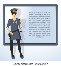 Frame with cop woman. Vector presentation template..