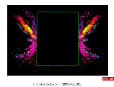 Frame with copy space. Bright splashes of paint on a black background. Symmetrical pattern of beautiful paint stains. Holiday greeting template. Mockup poster, banner, wall. Blank area for text.Vector
