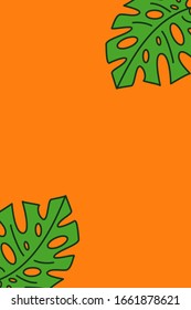 Frame with copy space in center from vector monstera leaves on orange hot summer background. A border of green leaf of a home plant with a dark stroke. Vector flat modern illustration