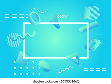 Frame with copy space and various dynamic geometric shapes in trendy neo mint, aqua menthe and blue colors in no gravity style