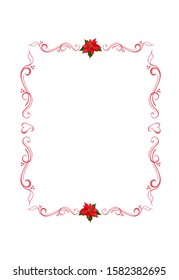 Frame with copyspace for any inscription, with elegant borders made of poinsettia flowers and ornate intricate flourishes. Hand drawn template for invitation, card, letter, diary, other prints