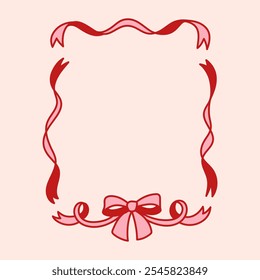 Frame of coquette pretty charming bow and ribbons. Hand drawn trendy border. Vintage bowknot frame for greeting cards, wedding, invitations, social media