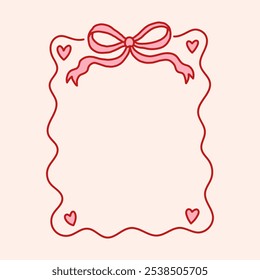 Marco de coqueta bonita y encantadora rosa arcos y corazones. Borde de cintas de moda dibujado a mano. Antiguas Bowknots marco para tarjetas de felicitación, boda, invitaciones, redes sociales