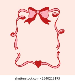 Frame of coquette pretty charming pink bows and heart. Hand drawn trendy ribbons border. Vintage bowknots frame for greeting cards, wedding, invitations, social media