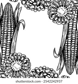 A frame with corn cobs, sliced and a handful of grains. Vector graphic composition. A black and white hand-drawn illustration. On a white background. Great for labels, menus and packaging.