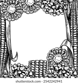 Uma armação com milho. Gráficos vetoriais representando um quadro de espigas de milho fatiadas e um punhado de grãos. Uma ilustração a preto e branco desenhada à mão. Em um fundo branco. Ótimo para etiquetas, menus, embalagens,