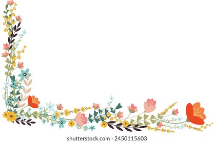 Frame corner border with bright flowers and leaves.