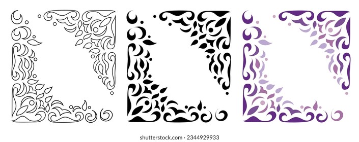 Frame or corner in different colors. Pattern of different beautiful elements for decoration. Vector image.