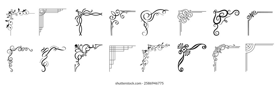 frame corner ornament vector set. Traditional decorative elements with line, corner, borders, frames, headers. Illustration of elegant design suitable for card, invitation, poster, cover.