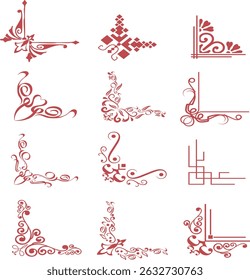 Frame corner ornament vector set. Traditional decorative elements with line, corner, frame, header, pattern. Illustration of elegant design suitable for card, invitation, poster, cover.