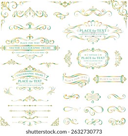 Frame corner ornament vector set. Traditional decorative elements with line, corner, frame, header, pattern. Illustration of elegant design suitable for card, invitation, poster, cover.