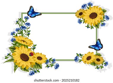 Frame with cornflowers and sunflowers.Cornflowers, sunflowers and butterflies with colored frame in vector illustration.