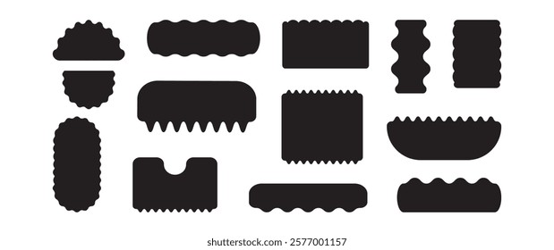 Frame corrugated, wavy border different shape, stamp wave edge, zig zag label, curvy badge, black silhouette geometric form isolated on white background. Vector illustration