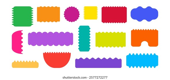 Frame corrugated, wavy border different shape, stamp wave edge, zig zag label, curvy badge, colorful silhouette geometric form isolated on white background. Vector illustration