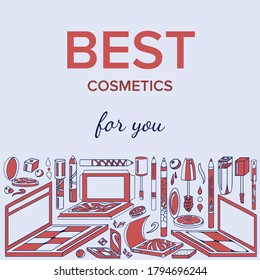 Frame of cosmetics on one side in dark blue and red