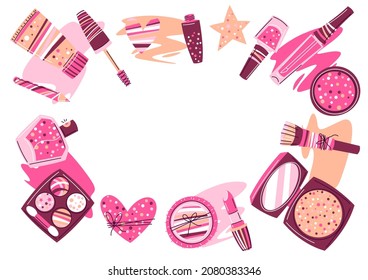 Frame with cosmetics for skincare and makeup. Illustration for advertising. Beauty and fashion items.