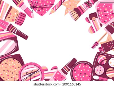 Frame with cosmetics for skincare and makeup. Illustration for advertising. Beauty and fashion items.