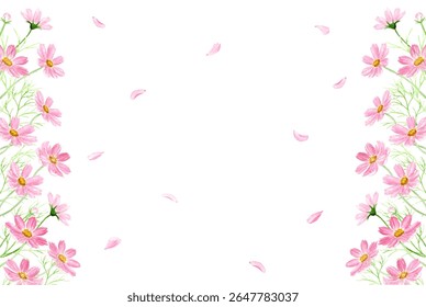 Frame of cosmos flowers painted in watercolor