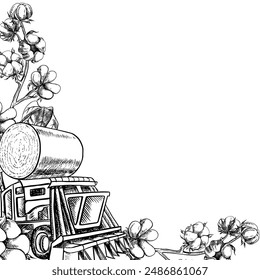 A frame with cotton and a cotton harvester. A black and white vector graphic illustration made by hand. For labels, packages, flyers. For postcards, banners and prints.