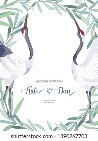 Frame with couple cranes and eucalyptus branches. Cute print for invitation, birthday, celebration, greeting card. Vector illustration. Japanese style