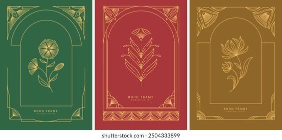 Frame or cover of boho geometric design elements. Simple corner, wreath and seamless borders for book covers print, social media and packaging or wedding greeting card. Vector illustration