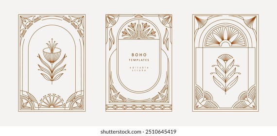 Frame or cover of boho geometric design elements. Simple corner, wreath and seamless borders for book covers print, social media and packaging or wedding greeting card. Vector illustration