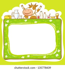 Frame With Cow And Dairy Products.