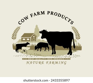 Frame with cow farm objects silhouettes and text for product labels. Vector illustration.	