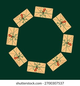 Frame with craft letters and branch berries. For Christmas decorations, postcards, posters or holiday greetings.