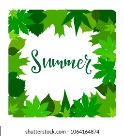 A frame created out of green vector leaves with a hand lettering quote inside. Summer theme