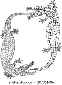 Frame of crocodiles. Vector alligators vertical frame. Hand drawn vector illustration.