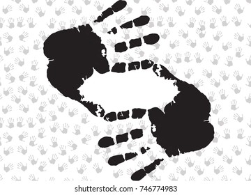 Frame with cropping symbol made of hand prints on background with human hand prints. Vector illustration, template, border for design with space for text.