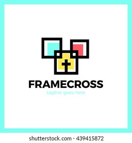 Frame Cross Church Logo. Christian Box Square Logotype.