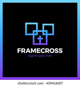 Frame Cross Church Logo. Christian Box Square Logotype. Blue background