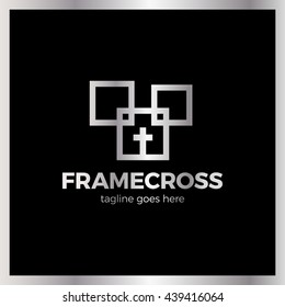 Frame Cross Church Logo. Christian Box Square Logotype. Silver metal luxury and royal