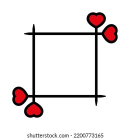Frame with crossed knitting needles with red hearts. Vector illustration on white background.