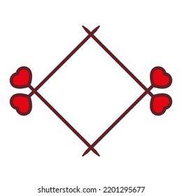 Frame with crossed knitting needles with red hearts. Vector illustration on white background.
