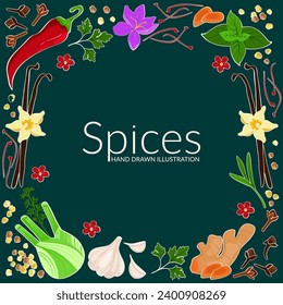 Marco con ingredientes culinarios. Diferentes especias sobre fondo oscuro.