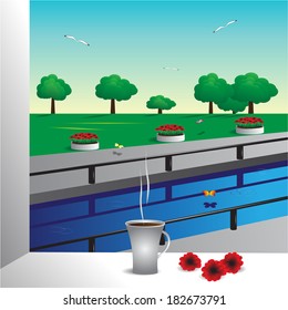 Frame. Cup with coffee and flowers on a window sill, a building view from the window on the pool and a garden with flowers, trees and butterflies.